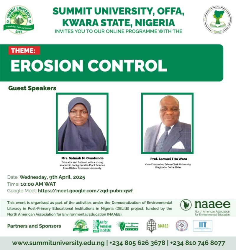 The Democratisation of Environmental Literacy in Post-Primary Educational Institutions in Nigeria (DELitE) Project invites you to a thought-provoking webinar on Erosion Control. 